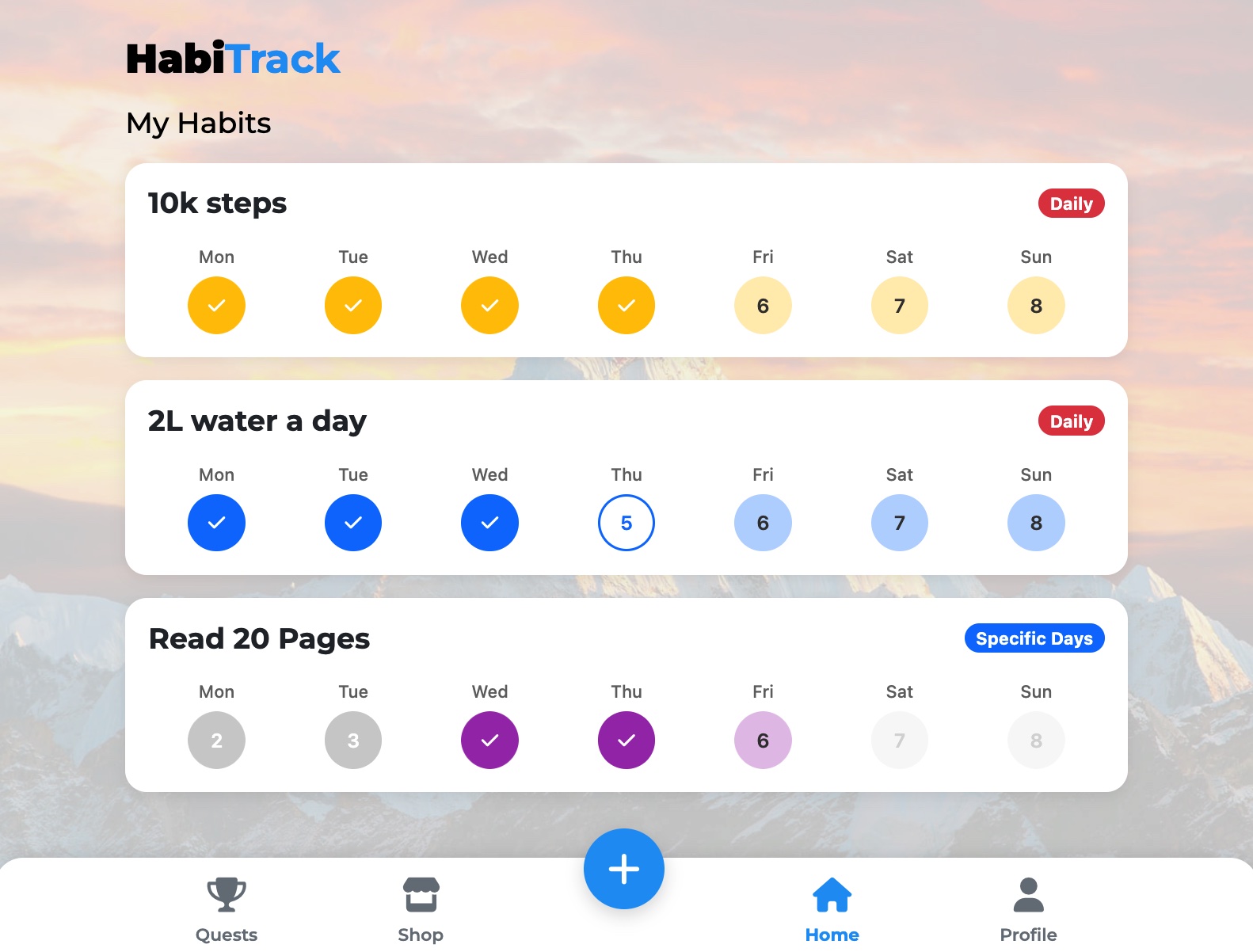 HabiTrack app dashboard interface showing habit tracking with gamification elements, quest system, and progress indicators