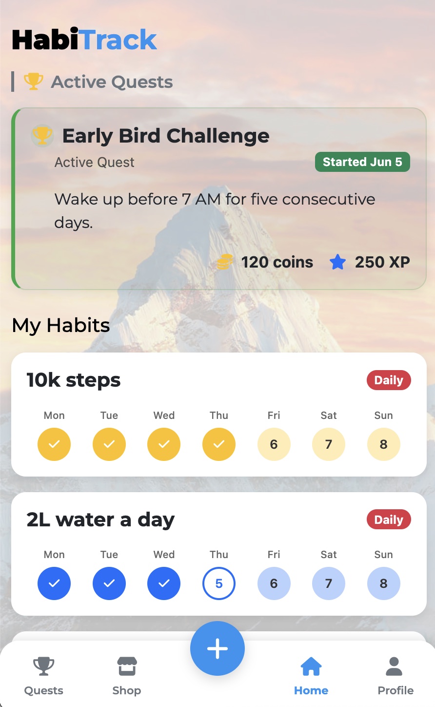 HabiTrack home dashboard displaying habit overview, daily progress, streak counters, and quick action buttons