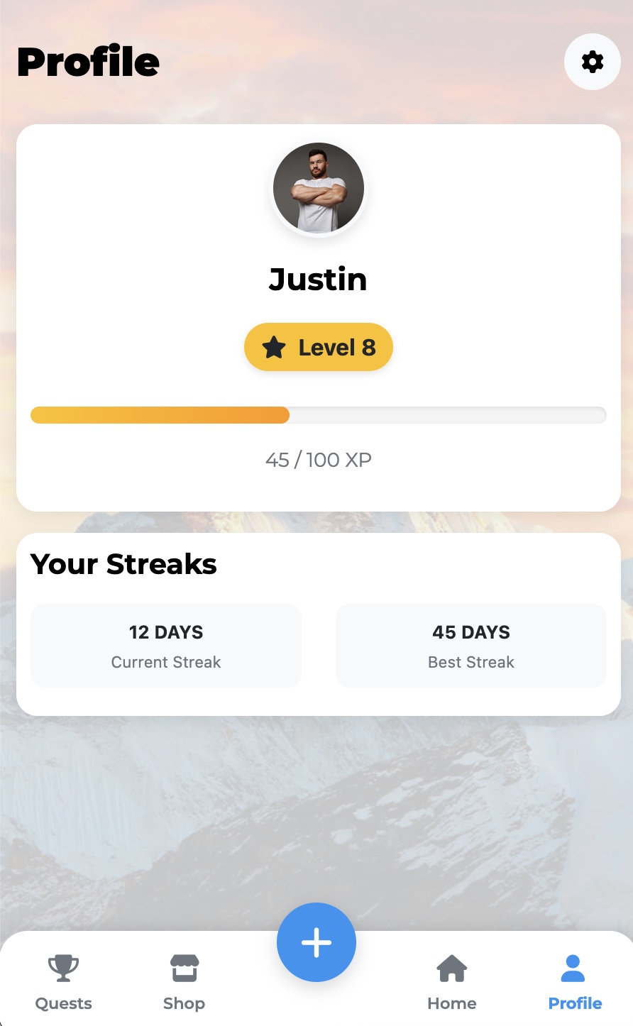 HabiTrack profile interface showing user level, XP progress, and available quests and rewards