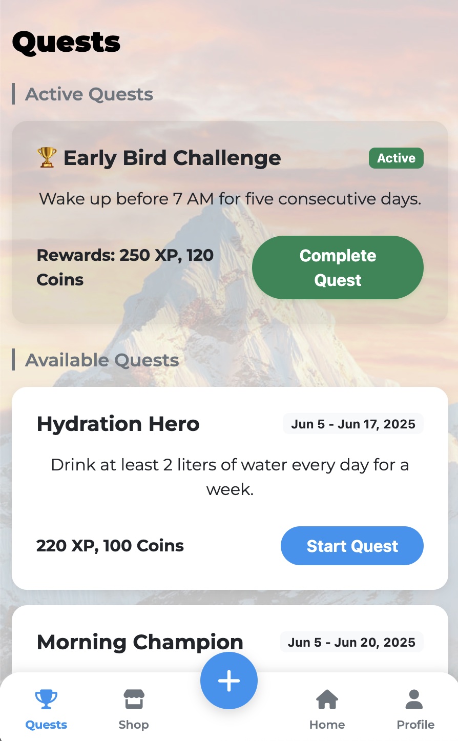 HabiTrack quest system interface showing available quests, progress tracking, and reward details