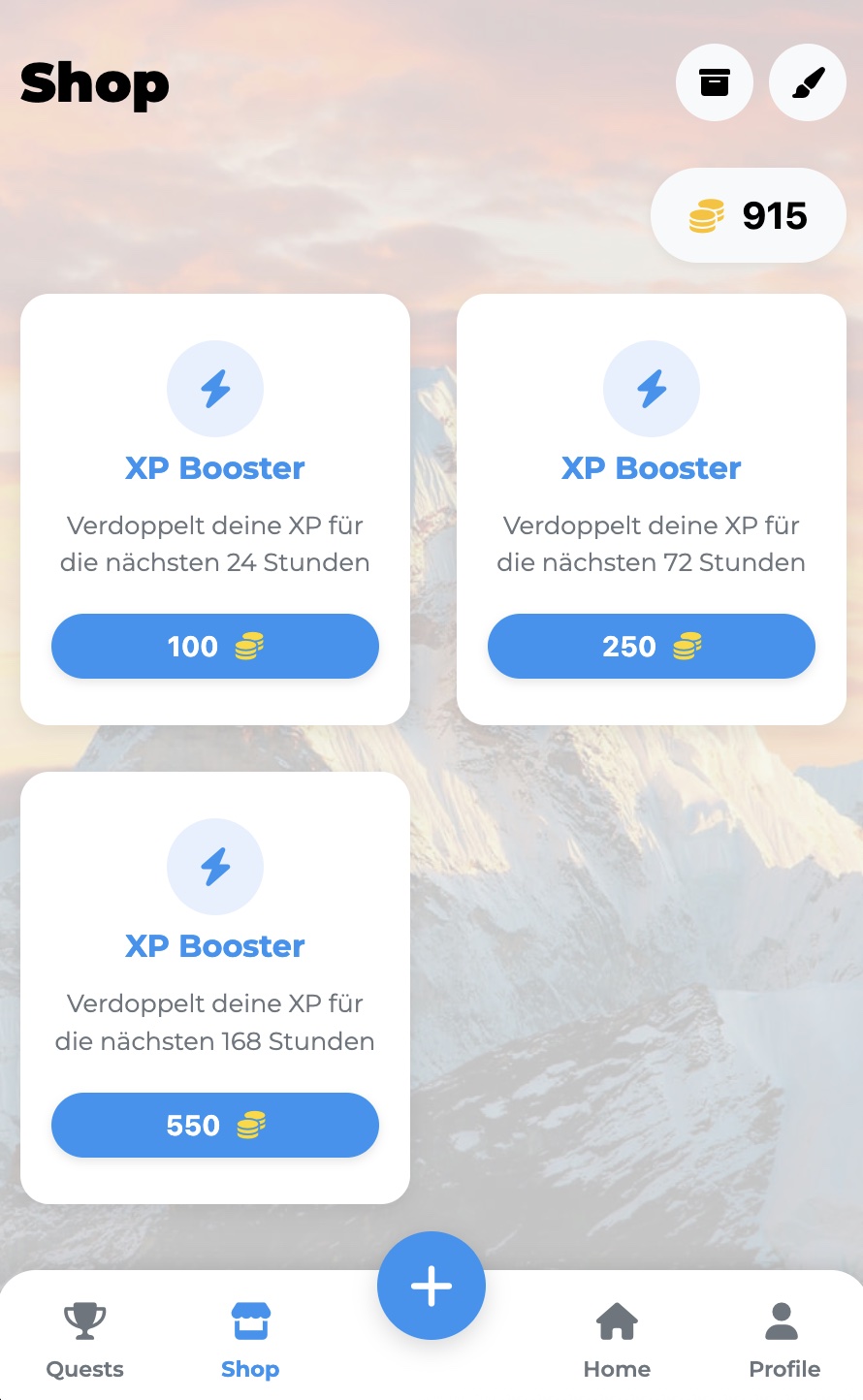 HabiTrack reward shop interface showing available customizations, themes, and power-ups for purchase with earned coins