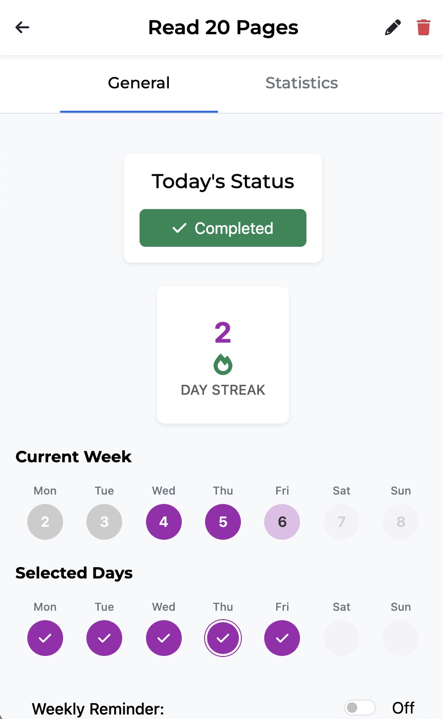HabiTrack tracking interface displaying completed habits, streak counters, and earned XP and coins